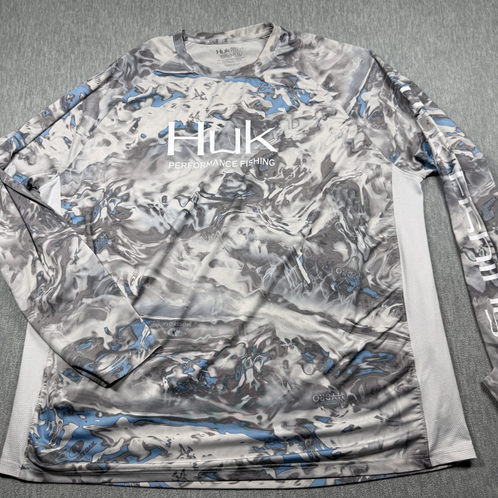 Huk Performance Fishing Shirt Mens XXL Gray Blue Camo Long Sleeve UPF Sun Shirt